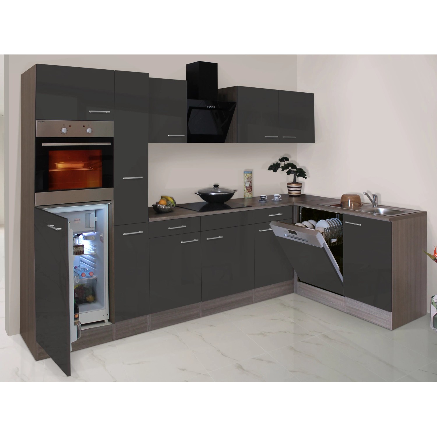 Respekta Winkelküche 310 cm in Grau Seidenglanz mit Eiche York Dekor, inklusive E-Geräte.