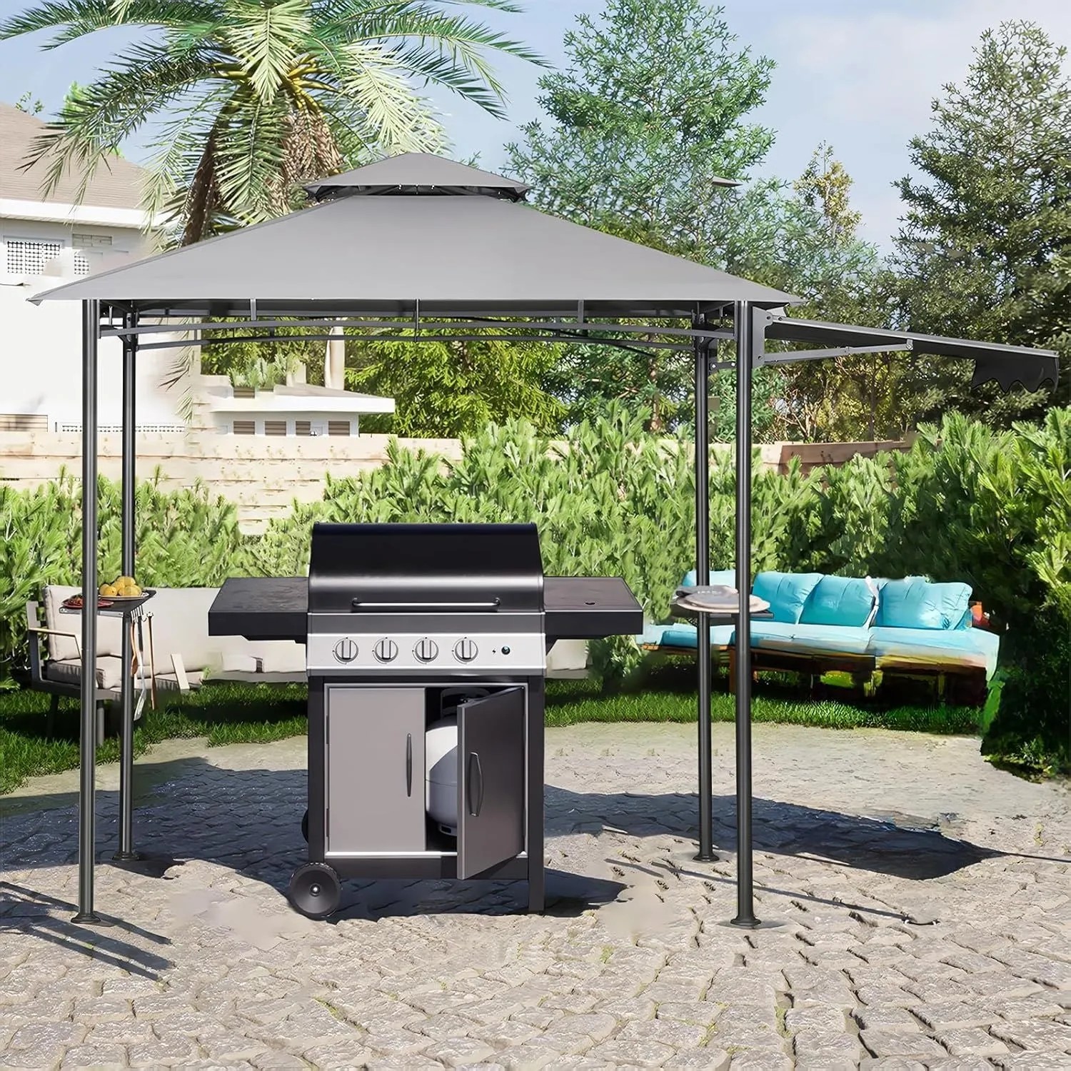 Grauer Sekey Grillpavillon mit Markise und Ablagen im Garten. Bietet Sonnenschutz und Wetterschutz für Outdoor-Grillen.