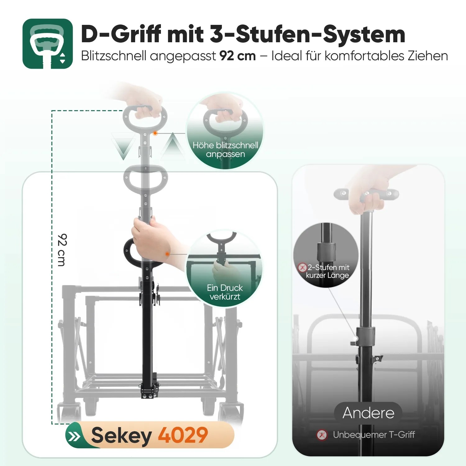Sekey Bollerwagen: D-Griff mit 3-Stufen-System, höhenverstellbar bis 92 cm für komfortables Ziehen. Camping Zubehör.