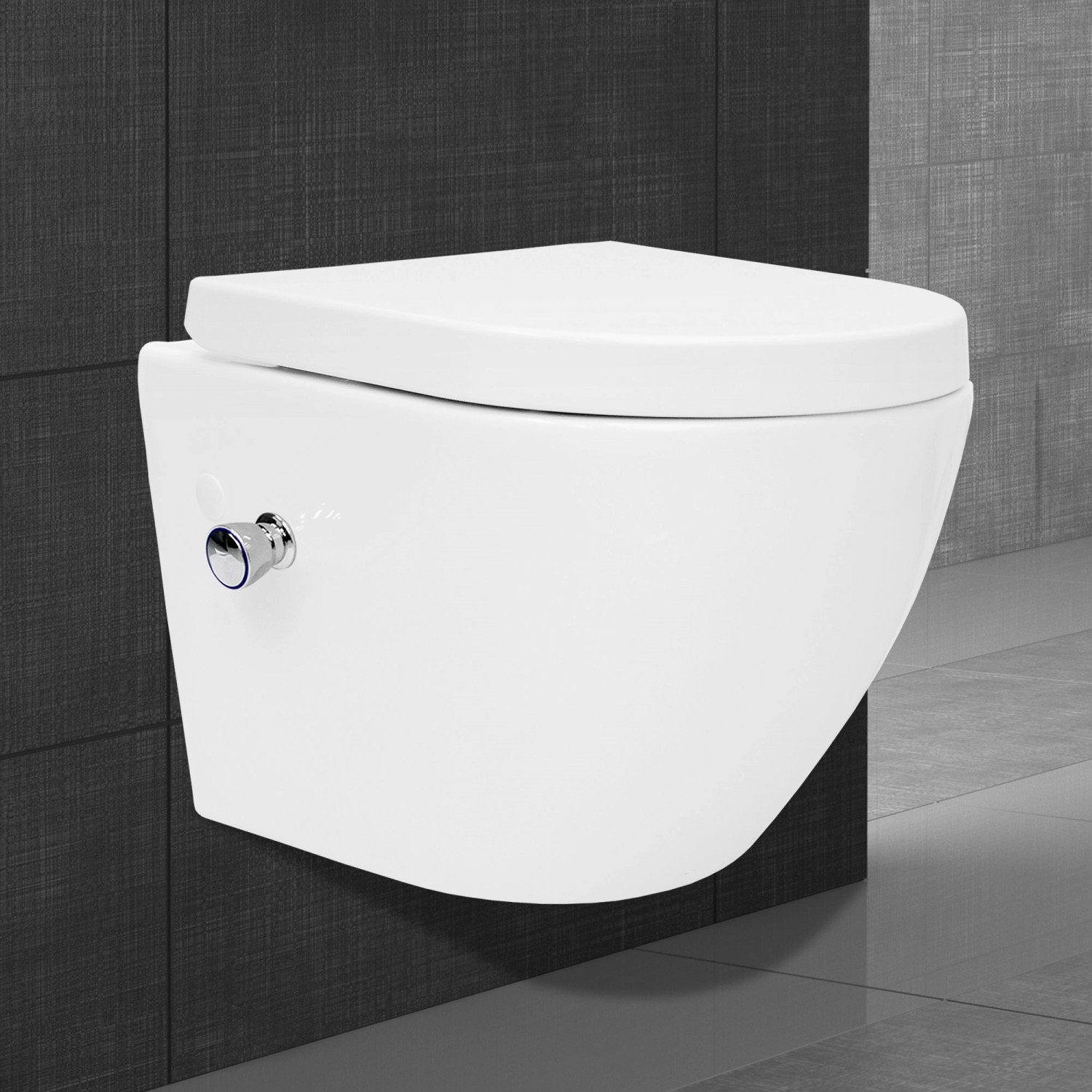 Weißes, spülrandloses Hänge-WC mit Bidet-Funktion und Softclose-Sitz von LuxeBath.