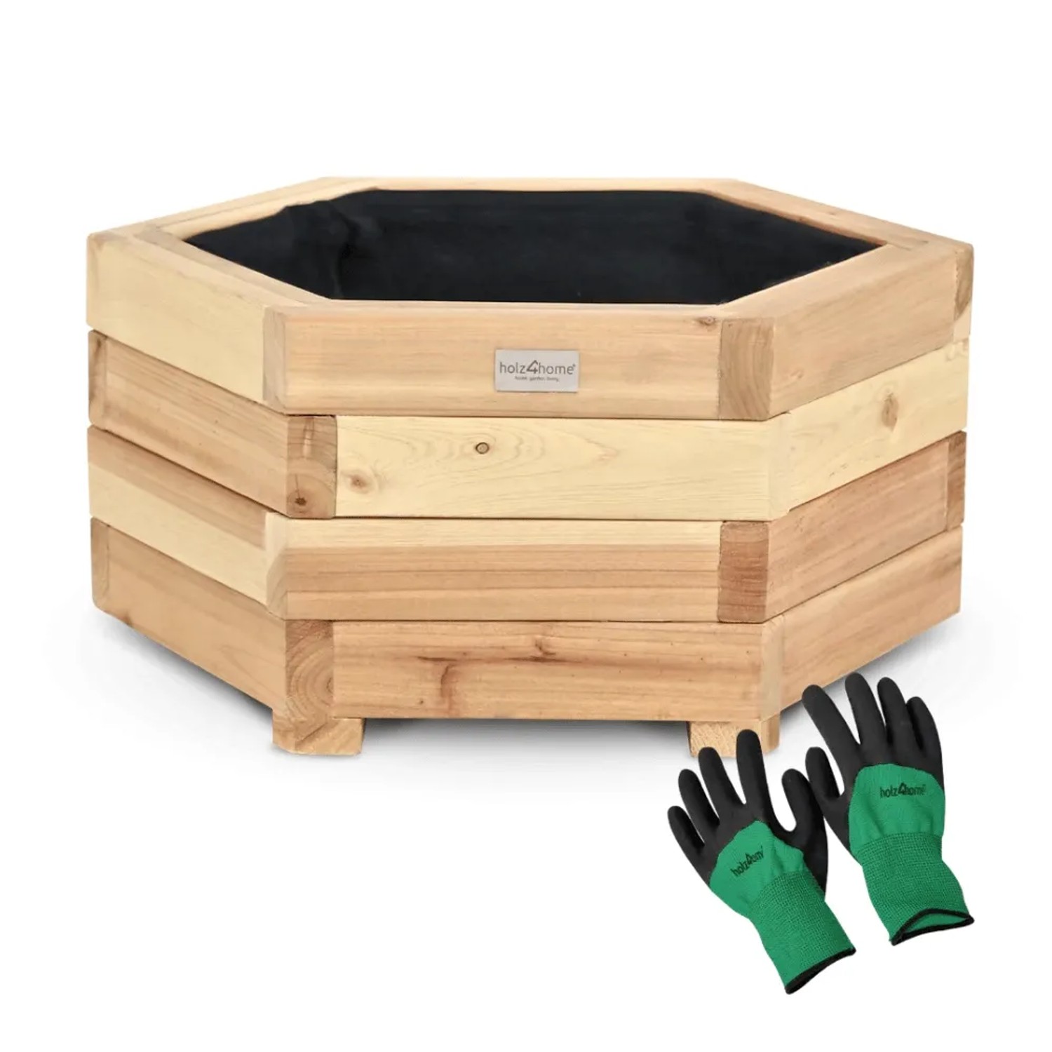 DELUKE Pflanzkasten Holz 6-eckig MICHA mit Vlies und Handschuhe Pflanzkübel Tannenholz Blumenkasten Blumenkübel 46cm Breit