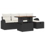 Schwarzes 6-tlg. vidaXL Garten-Sofa-Set aus Poly Rattan mit Tisch und Kissen.