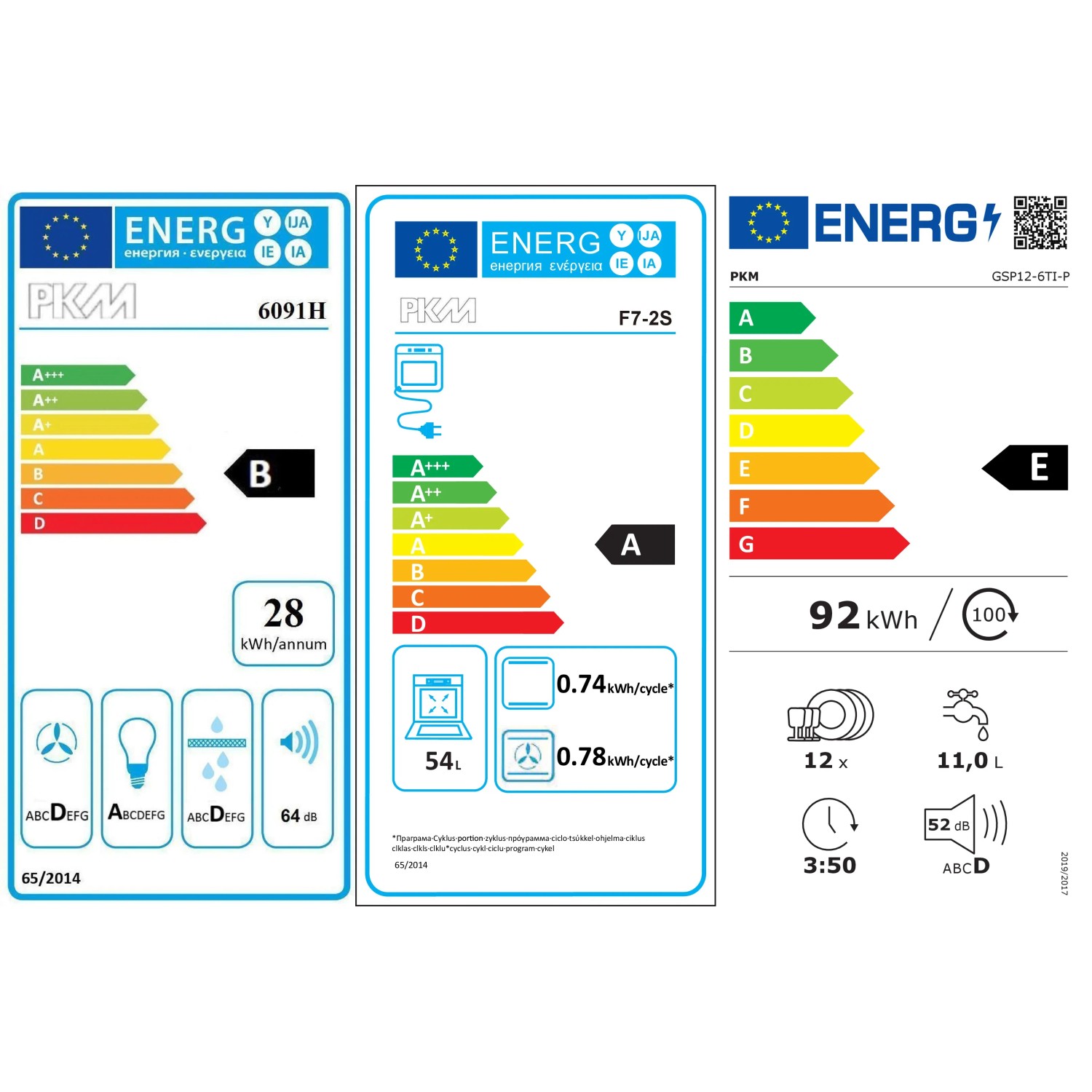 Energieeffizienzlabel für PKM Backofen, Geschirrspüler und Herd: Übersichtliche Verbrauchswerte.