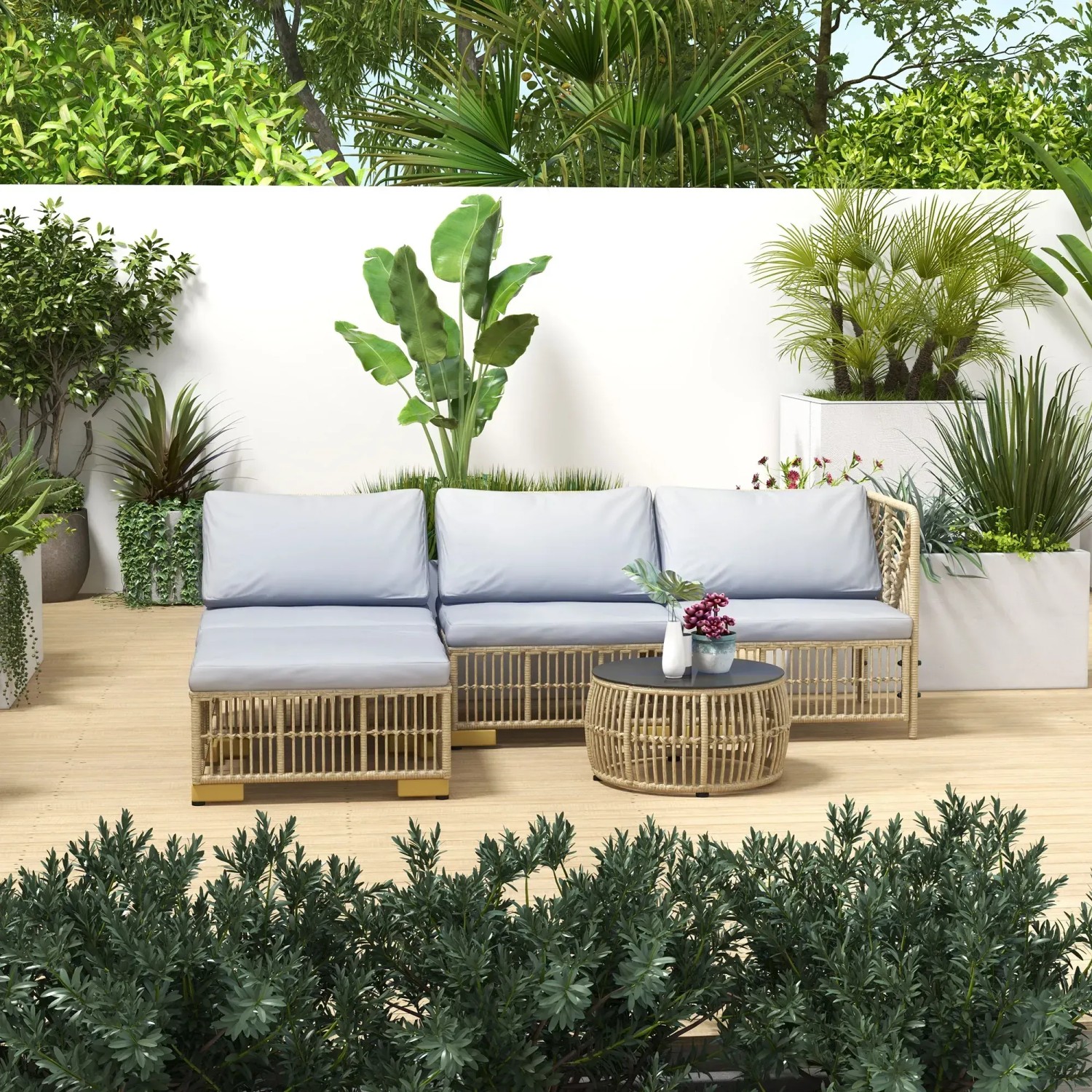 Outsunny Rattan Gartengarnitur, beige-graues 5-teiliges Set mit Tisch und Polstern.