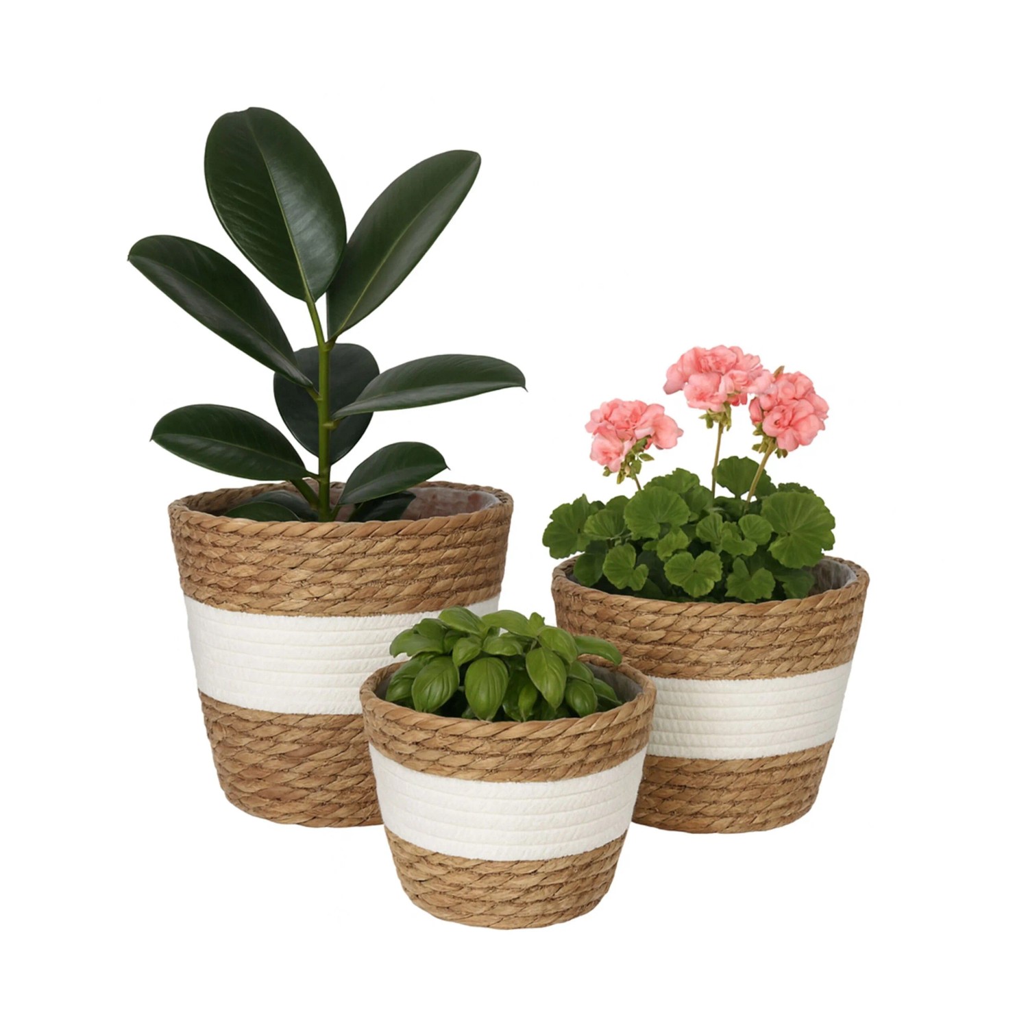 Relaxdays Blumentöpfe Schilf Kunststoff Weiß Braun 3er Set Folienausgekleidet 23 cm x ø 25,5 cm 19,5 cm x ø 21,5 cm 16 cm x ø 19,5 cm