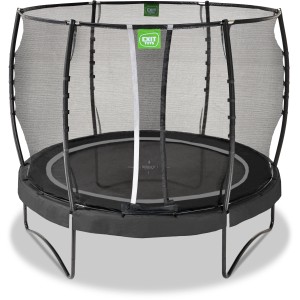 Schwarzes EXIT Allure Premium Trampolin Ø 305 cm mit Sicherheitsnetz für den Garten.