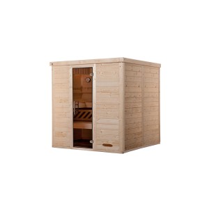Weka Massivholzsauna Kemi 4 Sparset mit Glastür und Saunaofen.