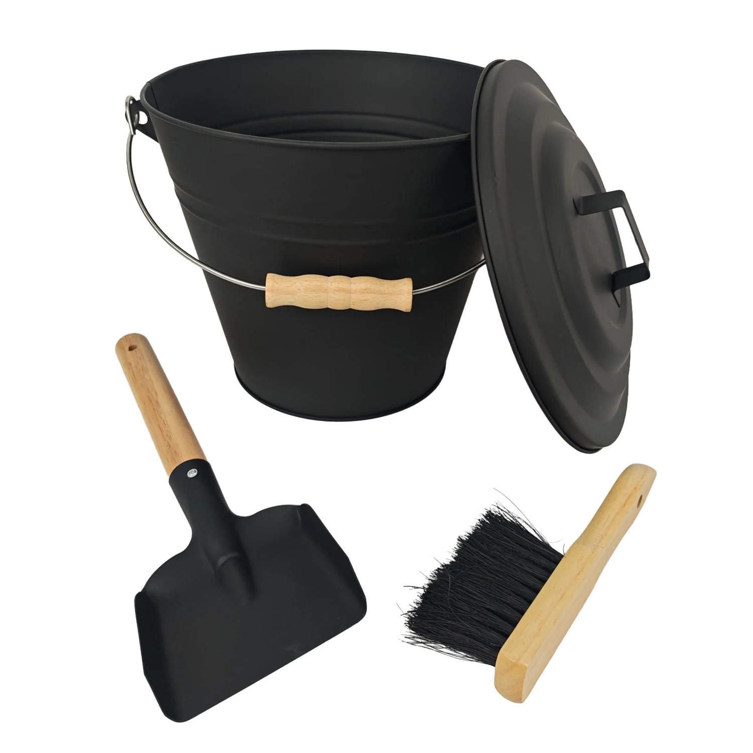 Relaxdays Ascheeimer Eisen Schwarz mit Feger und Schaufel 10,