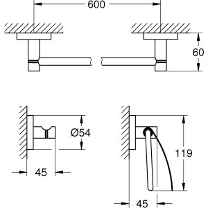 Technische Zeichnung Grohe Bad-Set 3 in 1 Essentials Supersteel mit Maßen für Montage.