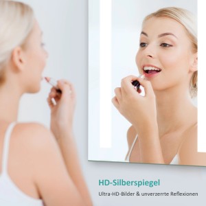 Frau schminkt sich vor einem rechteckigen Emke LED Badspiegel (45x60 cm) mit Kaltweiß Beleuchtung.