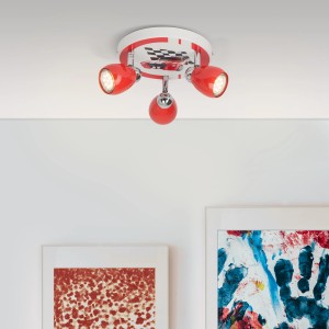 3-flammige LED-Deckenleuchte Racing in Rot, Weiß und Schwarz für Kinderzimmer.