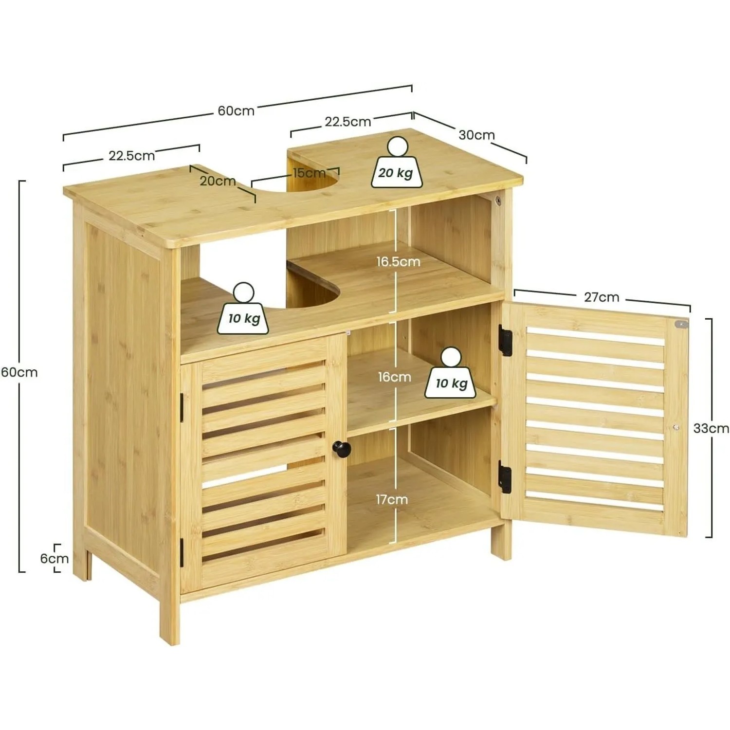 Bambus Waschbeckenunterschrank 60x60x30 cm mit Siphonausschnitt, Lamellentüren und Stauraum. Ideal für Badezimmer.