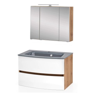 2-tlg. Badmöbel-Set Salerno: Waschtisch in Weiß/Wotaneiche mit Glasbecken und Spiegelschrank.