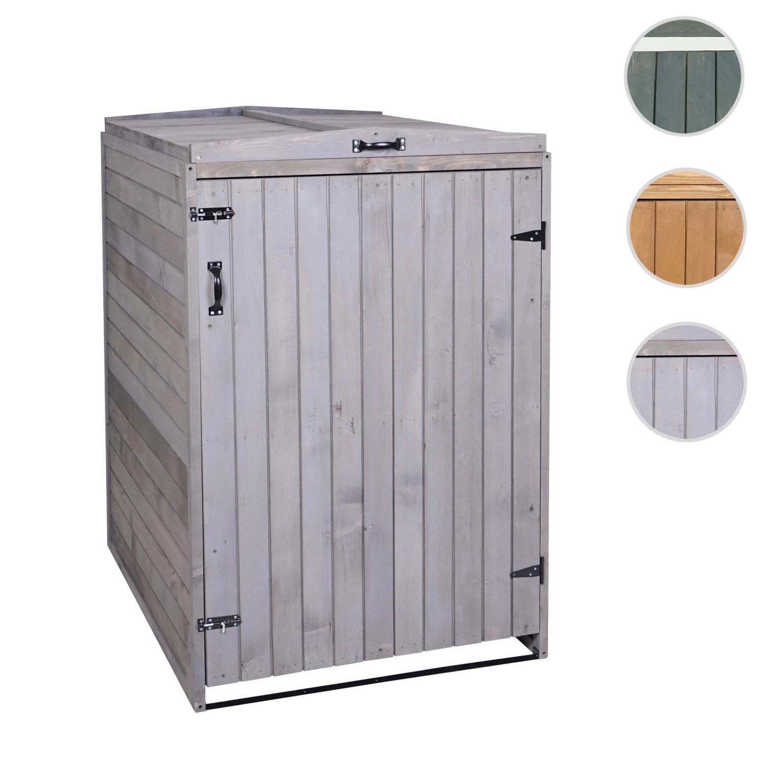 Robuste Mülltonnenverkleidung aus hellem Tannenholz mit aufklappbarem Deckel und Tür. Ideal für den Außenbereich.