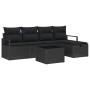 Schwarzes 6-teiliges vidaXL Garten-Sofa-Set aus Poly Rattan mit Kissen und Tisch.