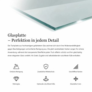 Transparente Klarglas Tischplatte, 4mm dick, mit polierten Kanten. Robuste Glasplatte für Tische.