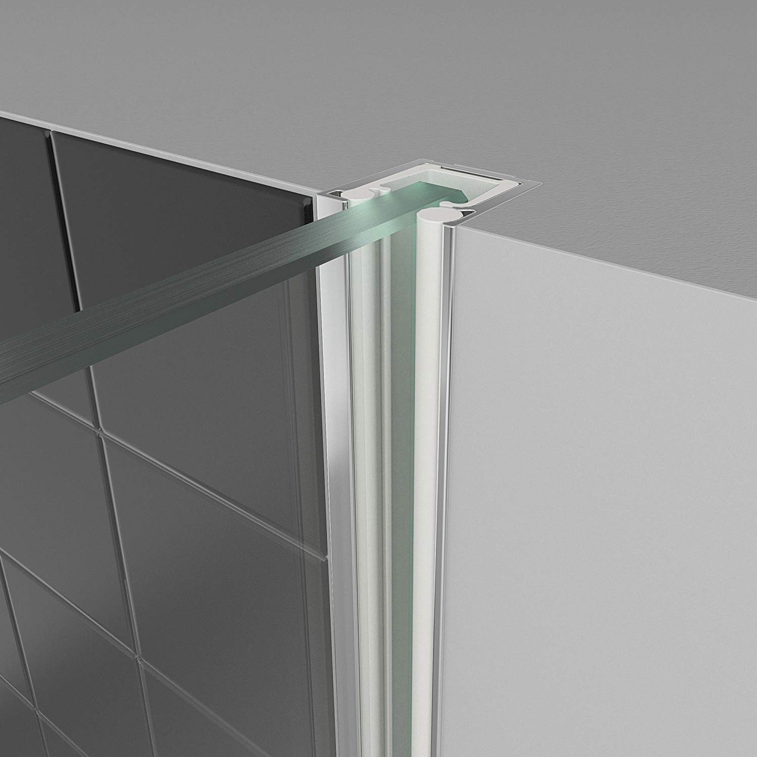 Detailaufnahme: Breuer Panorama Duschwand mit Chromprofil, Sicherheitsglas. Komplettdusche für barrierefreies Bad.