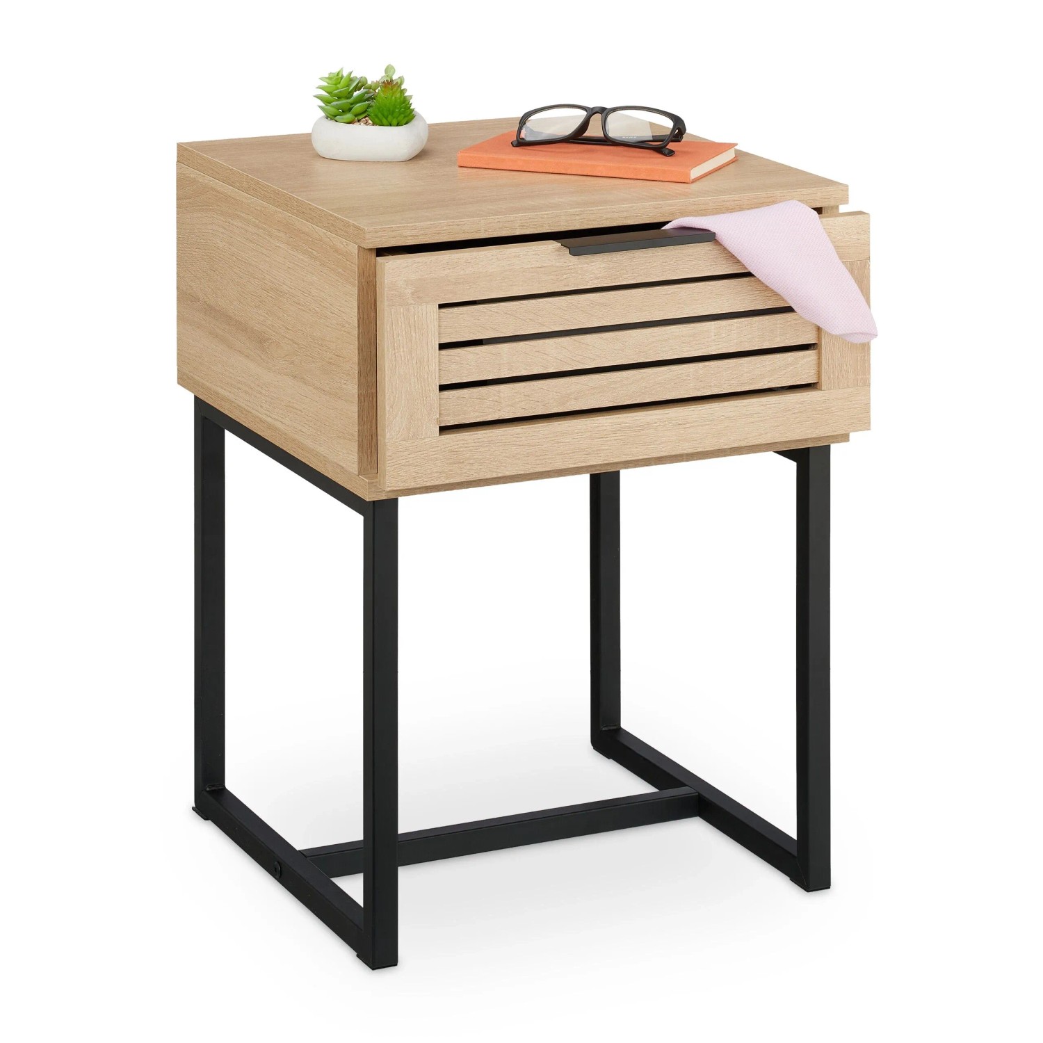 Relaxdays Nachttisch Holzwerkstoff Eisen Natur Schwarz Mit Schublade 55,5 cm x 40 cm x 41,5 cm 8,6 kg