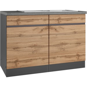 Held Möbel Spülenunterschrank Turin 120 cm, Wotaneiche/Graphit, mit 2 Türen und Edelstahlspüle.