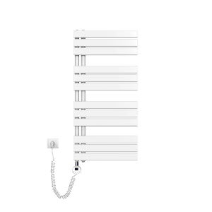 Weißer, elektrischer Emke Badheizkörper 50x104cm mit Thermostat und Timer für Handtücher.