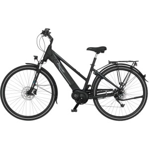 Schwarzes Fischer E-Bike Damen Viator 4.0i mit Gepäckträger und tiefem Einstieg.