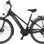 Schwarzes Fischer E-Bike Damen Viator 4.0i mit Gepäckträger und tiefem Einstieg.
