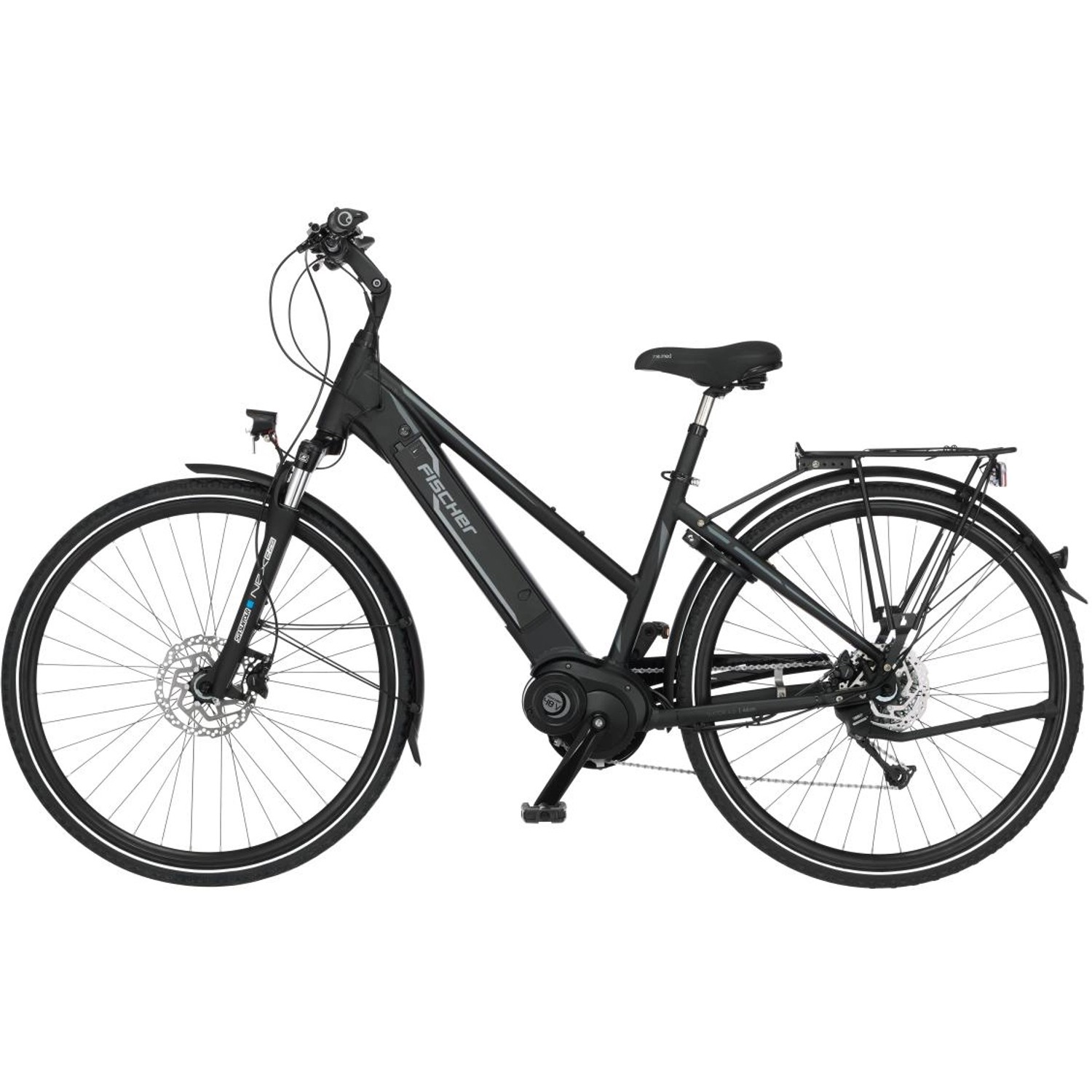 Schwarzes Fischer E-Bike Damen Viator 4.0i mit Gepäckträger und tiefem Einstieg.