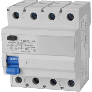 4-poliger FI-Schalter 40A/0,3A für Tragschiene im Verteilerkasten.