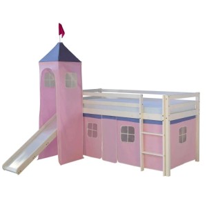Weißes Kinderhochbett 90x200 mit rosa Vorhang, Rutsche, Turm und Leiter. Ein Abenteuerbett für Kinder.