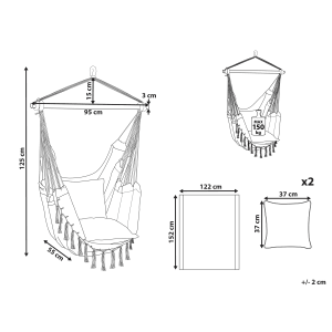 Skizze: Grauer Beliani Hängesessel 152x122x152 mit Maßen und Kissen.
