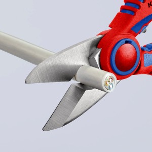 Knipex Elektrikerschere 160 mm schneidet Kabel. Zange mit rot-blauem Griff.