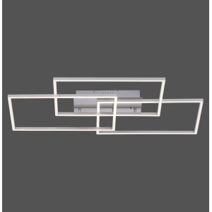 Moderne LED-Deckenleuchte Iven von Just Light, silberfarben, mit verschlungenen Rechtecken.