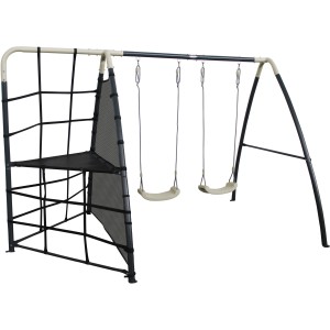 AXI Spielplatz mit Doppelschaukel und Klettergerüst in Anthrazit/Creme.