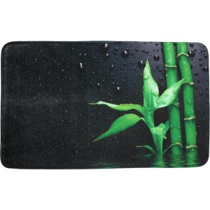 Sanilo Badteppich Virella 70x110 cm mit Bambus Motiv und Wassertropfen auf schwarzem Grund.