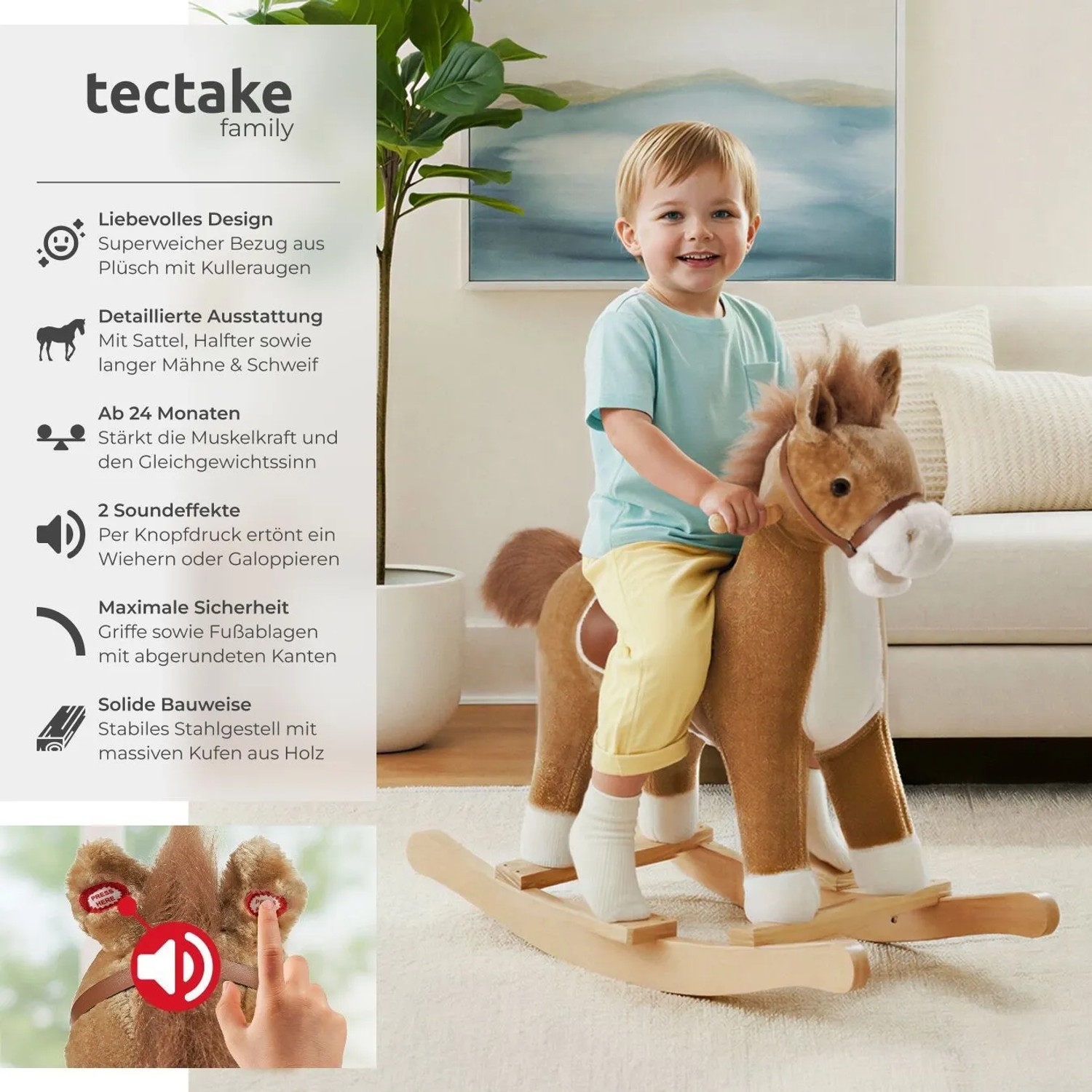 Tectake Schaukelpferd  Hochwertiges Design  Mit 2 Soundeffekten Solides Stahlgestell  Weicher Plüschbezug  65 x 31 x 61 cm Braun_2