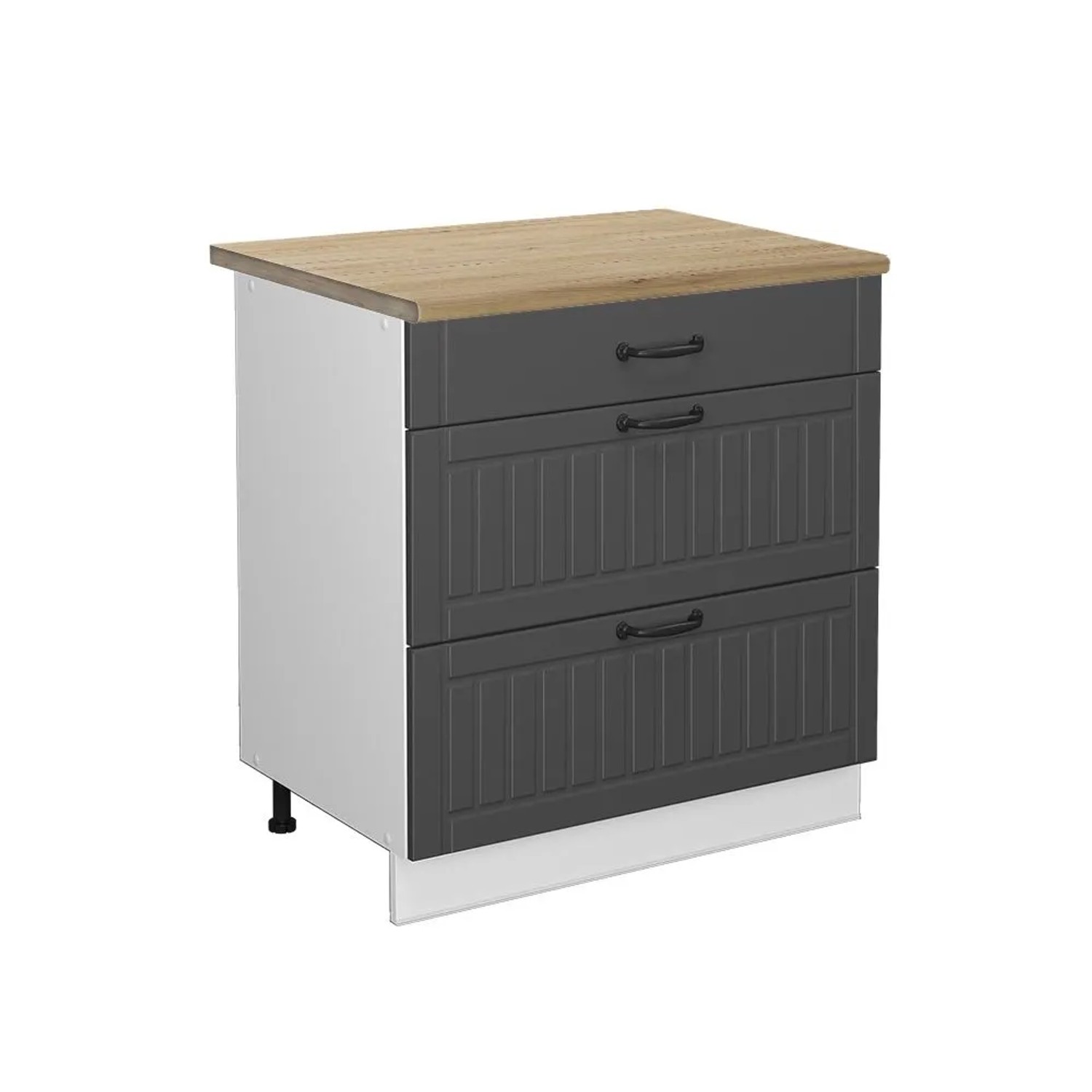 Vicco Küchenunterschrank Fame-Line Anthrazit Landhaus Weiß 80 cm mit 3 Schubladen AP Eiche