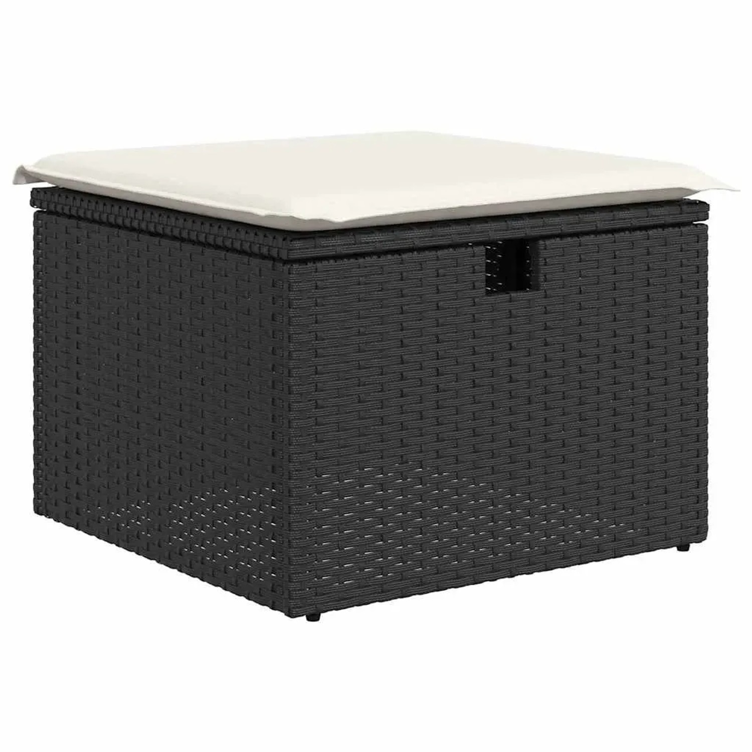Schwarzer vidaXL Gartenmöbel Hocker aus Rattan mit beigem Kissen.