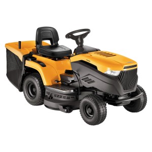 Gelber Stiga Rasentraktor Estate 598 W mit Fangkorb. Rasenmähertraktor für große Gärten.