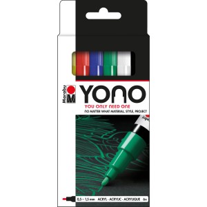 Marabu Yono Marker-Set, 6 Stifte (Gelb, Kirsche, Dunkelblau, Saftgrün, Weiß, Schwarz), Acrylmarker für Künstlerbedarf.
