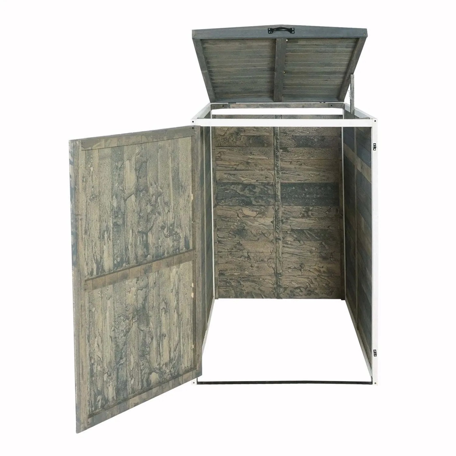 Geöffnete, grau-weiße 1er/2er Mülltonnenbox aus Holz mit Deckel und Tür.