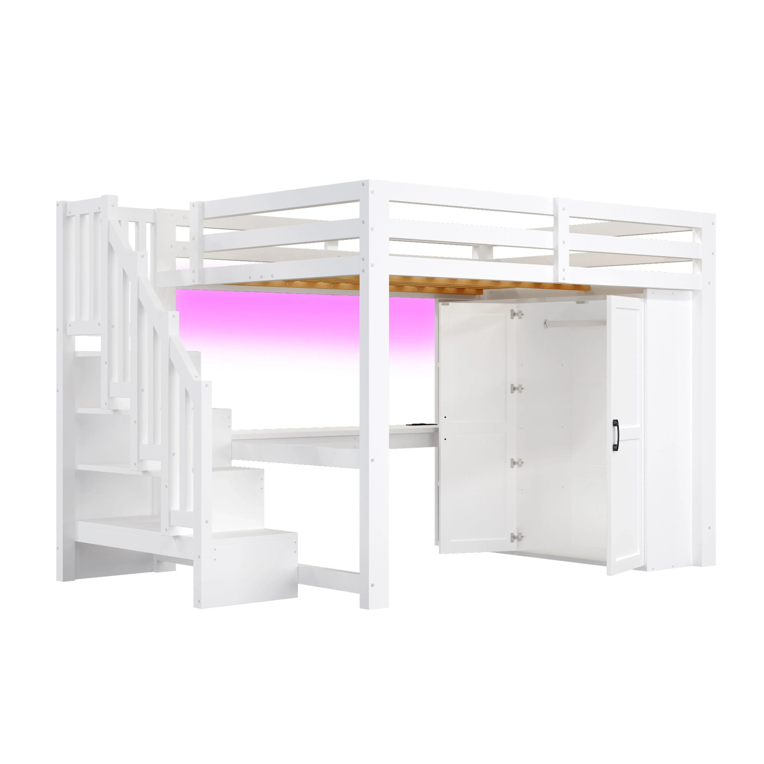 okwish Hochbett 140x200cm mit Schreibtisch Regal USB und Stauraumtreppe Weiß ohne Matratze