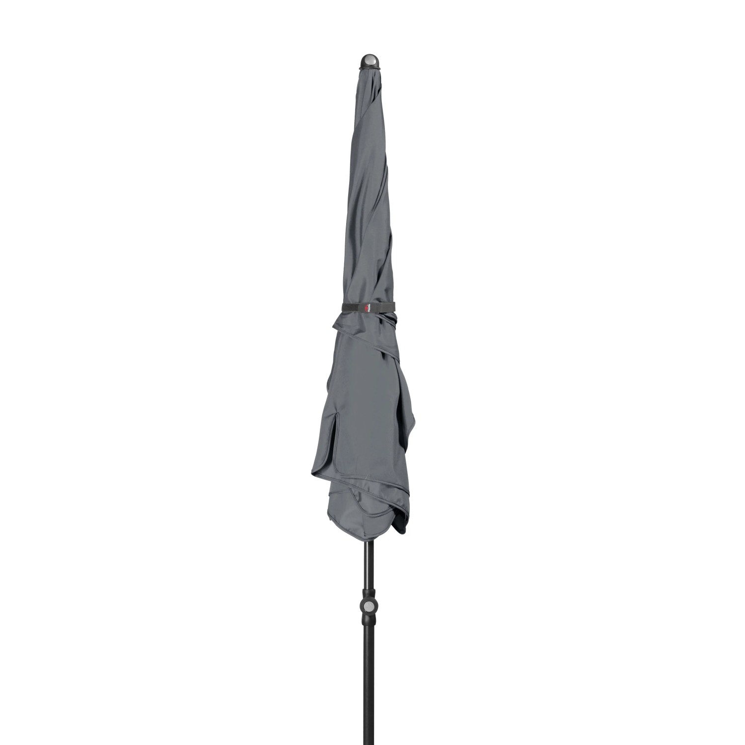 Zusammengebundener, anthrazitfarbener Doppler Balkonschirm Waterproof 115x188 cm mit Knickfunktion.