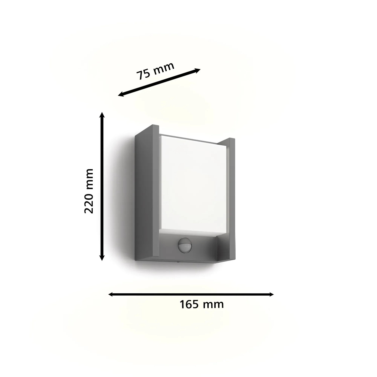 Anthrazitfarbene LED-Wandleuchte Arbour mit Sensor und Maßangaben.