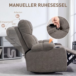 Grauer Relaxsessel mit Liege- und Schaukelfunktion, ausfahrbarer Fußstütze und Getränkehalter.