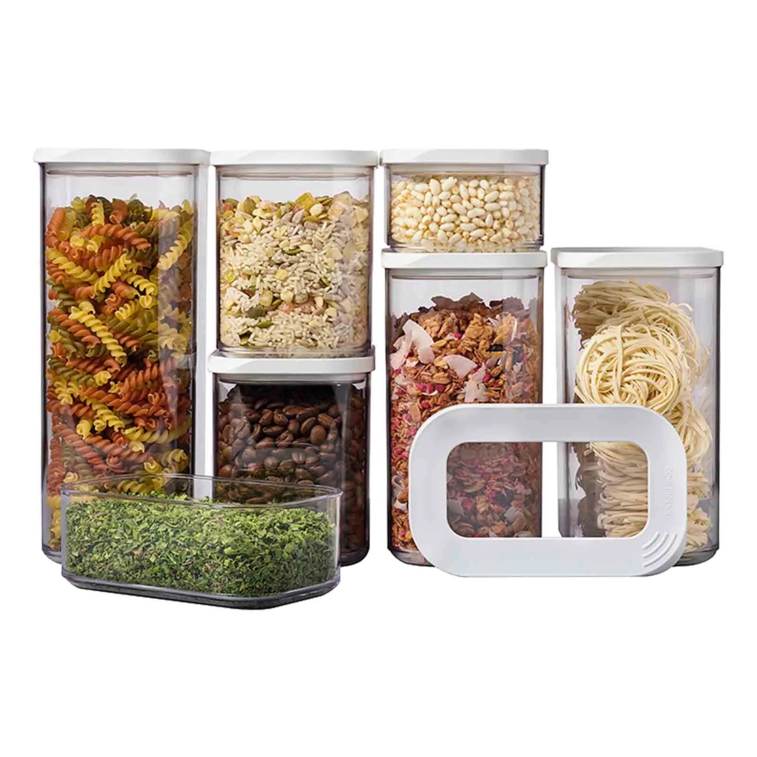 Mepal Modula Vorratsdosen-Set, 7-teilig, weiße Deckel, gefüllt mit Lebensmitteln, Küchenausstattung.