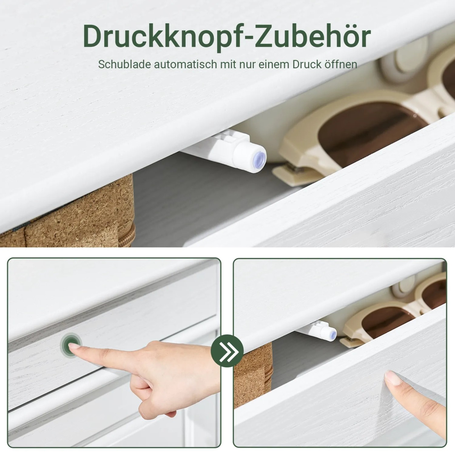 Weiße SoBuy Schuhkommode: Nahaufnahme der Push-to-Open Schublade, die sich per Druck öffnet. Praktische Flur-Aufbewahrung.