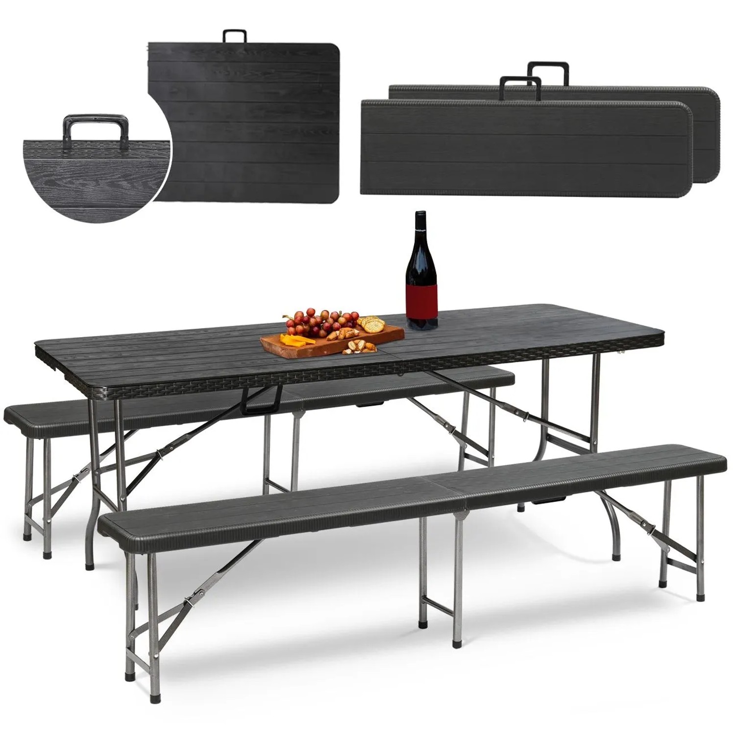 Sekey Bierzeltgarnitur 180 cm Klappbar Set mit 2 Bierbänken und 1 Tisch Schwarz Holzoptik