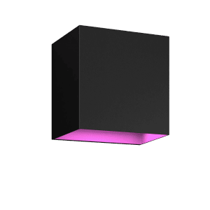 Schwarze Philips Hue Resonate LED-Außenleuchte mit farbigem Licht nach unten.