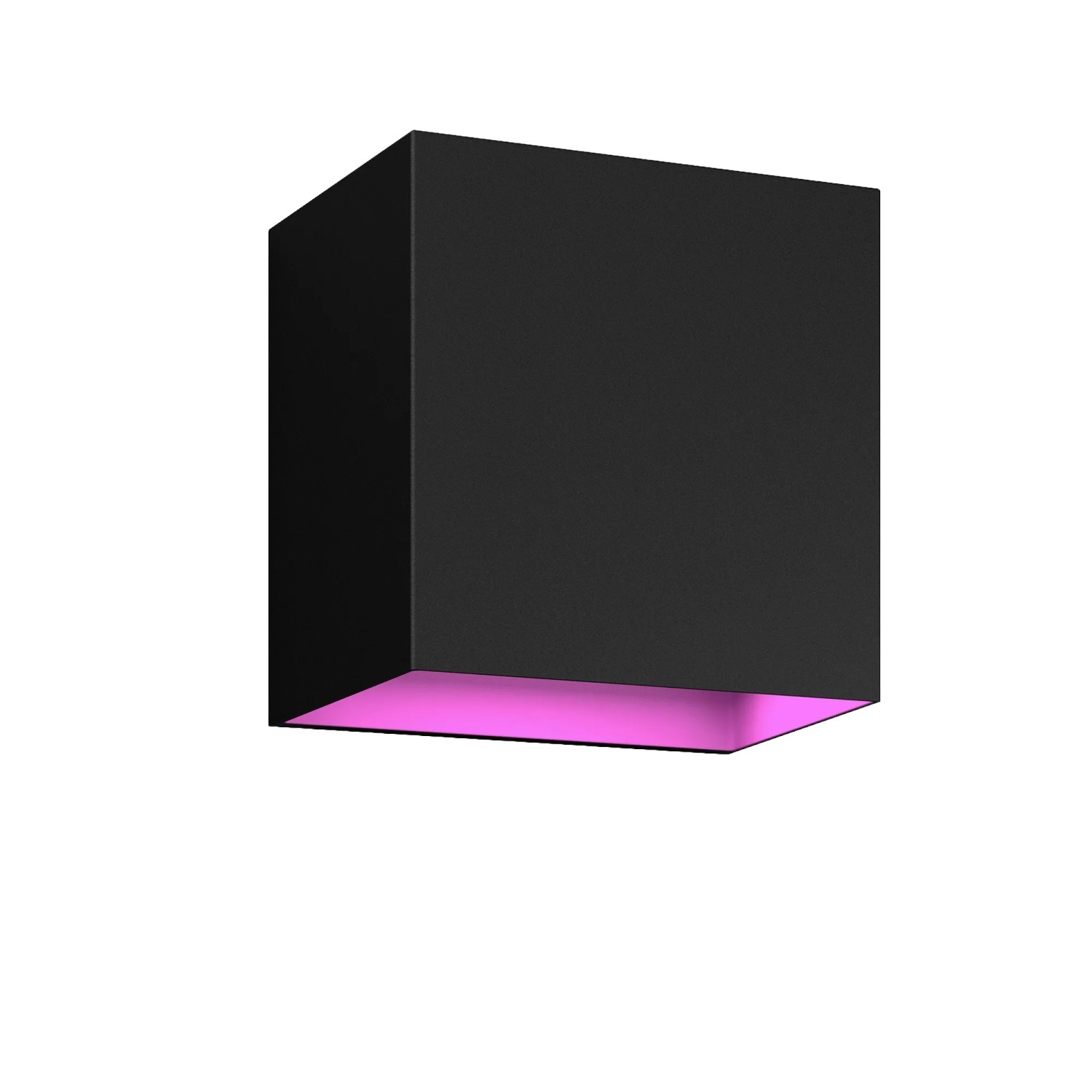 Schwarze Philips Hue Resonate LED-Außenleuchte mit farbigem Licht nach unten.