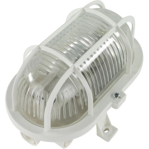 Weiße REV Ritter Kellerlampe aus Kunststoff, 60 W, ovale Bauform mit Schutzkorb.
